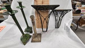 lot 158 image: Green Metal Candlestick Holders, and Pair of Metal Shelves