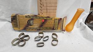 lot 160 image: Maxo Violin-Uke. Silver Metal Napkin Rings, Orange Vase