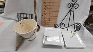 lot 161 image: (8) Plant Themed Dessert Plates, Metal Napkin Holder, Wrought Iron Picture Holder