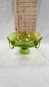 lot 167 image: Hazel Glass Colonial Block Uranium Green, Indiana Glass Stax a Set, Art Glass Paperweight