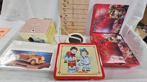 lot 170 image: Potpourri Crock, Candle Holders, Campbells Lunch Box Tin, Wood Car Model, Warmer