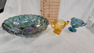 lot 172 image: Carnival Glass Decorative Dish and Creamer, amber Sugar Dish