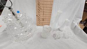 lot 174 image: Appetizer Display(3 tier), Vases, Milk Glass, Glass Mugs