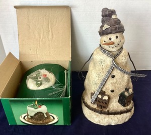 lot 89 image: Dept. 56 Plum Pudding Oil Lamp and Snowman Figure