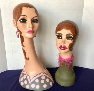 lot 166 image: Vintage Painted Millinery Shop Display Heads Pair #1