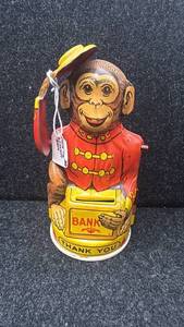lot 1 image: Vintage Tin Toy Monkey Coin Bank with Hat