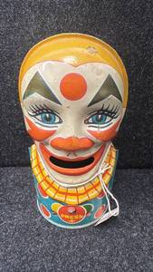 lot 15 image: Vintage Tin Mechanical Clown Head Bank with Key Slot
