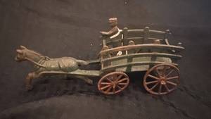 lot 77 image: Vintage Cast Iron Horse-Drawn Cart Figurine with Paint Loss