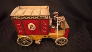 lot 92 image: Vintage Lehmann Tin Toy Wind-Up Carriage with German Shepherd