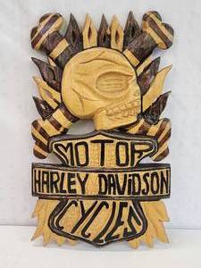 lot 56 image: Wooden Harley Davidson Carved Sign