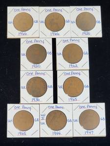 lot 146 image: (10) Assorted UK Great Britian One-Penny Coins