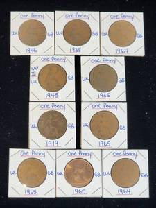 lot 140 image: (10) Assorted UK Great Britian One-Penny Coins