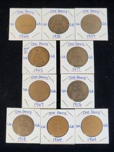 lot 137 image: (10) Assorted UK Great Britian One-Penny Coins