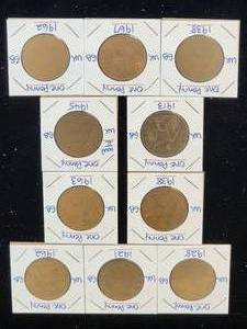 lot 134 image: (10) Assorted UK Great Britian One-Penny Coins