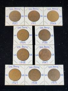 lot 131 image: (10) Assorted UK Great Britian One-Penny Coins