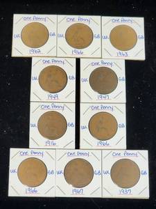 lot 128 image: (10) Assorted UK Great Britian One-Penny Coins