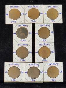 lot 107 image: (10) Assorted UK Great Britian One-Penny Coins