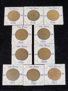 lot 110 image: (10) Assorted UK Great Britian One-Penny Coins