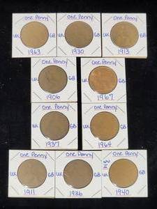lot 113 image: (10) Assorted UK Great Britian One-Penny Coins