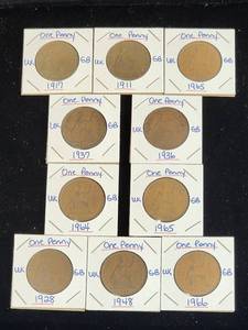 lot 119 image: (10) Assorted UK Great Britian One-Penny Coins