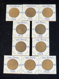 lot 122 image: (10) Assorted UK Great Britian One-Penny Coins