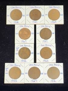 lot 125 image: (10) Assorted UK Great Britian One-Penny Coins