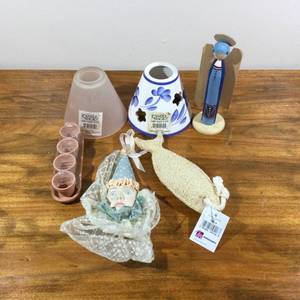 lot 69 image: Misc. Craft Supplies - Small Lamp Shades, Clay Pots, Ceramic Face, Wooden Angel