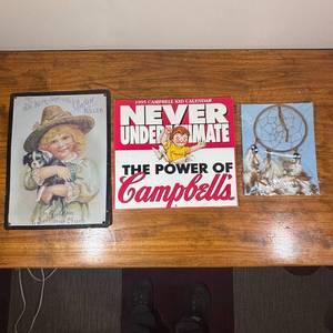 lot 87 image: Campbells Kids 1995 Calendar, Cough Killer Tin Sign, Dream Catcher (Lot 3)