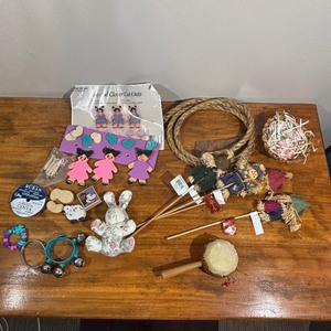 lot 115 image: Lot Misc. - Ribbon, Craft Supplies, Twirl Drum Toy, Scarecrows on sticks