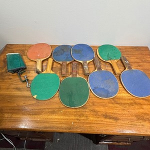lot 116 image: Lot of old Ping Pong Paddles and Net with bracket (only one bracket)