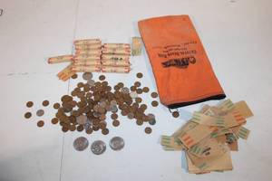lot 50 image: Collection of Mixed Coins with Coin Roll Wrappers and Bank Bag