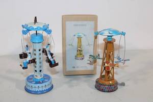 lot 51 image: Set of 2 Vintage Tin Wind-Up Toys - Ferris Wheel and Airplane Ride
