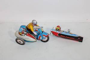 lot 52 image: Vintage Tin Toy Motorcycle and Sidecar with Mars Explorer Rocket