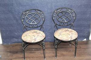 lot 69 image: Set of 2 Vintage Style Iron Chairs with Floral Cushions
