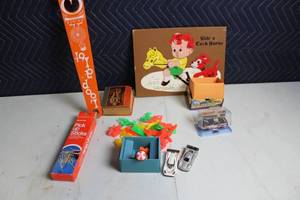 lot 109 image: Collection of Vintage Toys Including Ride a Cock Horse, Cars and Pick Up Sticks
