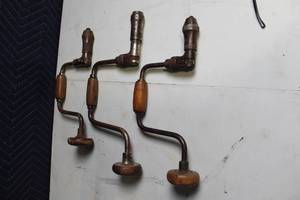 lot 111 image: Set of 3 Vintage Hand Drill Braces with Wooden Handles
