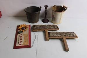 lot 234 image: Vintage Collection Metal Buckets, Candlestick Holder, Seed Sign & Carders