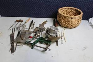 lot 314 image: Collection of Vintage Kitchen Tools with Woven Basket