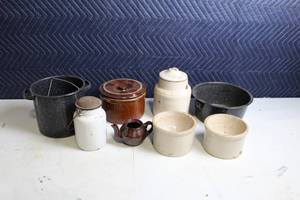 lot 324 image: Collection of Vintage Stoneware and Enamelware Pots and Crocks