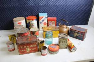 lot 325 image: Collection of Vintage Tins and Containers with Unique Designs