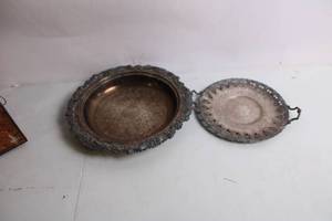 lot 342 image: Vintage Engraved Metal Serving Platter Set