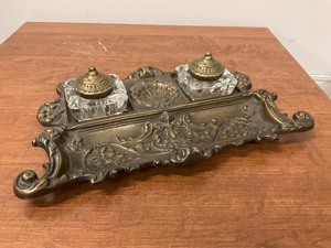 lot 94 image: Antique Cast Brass Double Ink Well