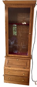 lot 10 image: Lighted Wooden Gun Cabinet with Glass Door and Storage Drawers