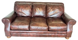 lot 20 image: Brown Leather Sofa with Cushioned Back