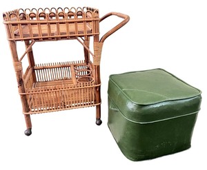 lot 69A image: Vintage Wicker Tea Cart with Green Vinyl Foot Stool