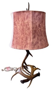lot 84 image: Rustic Antler Table Lamp with Suede Drum Style Shade