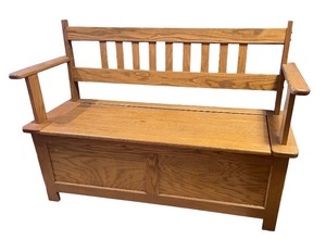 lot 94 image: Oak Entryway Storage Bench with Slatted Back and Hinged Seat