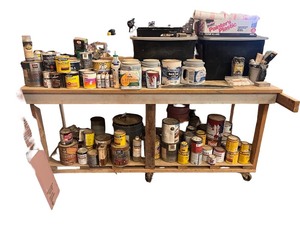 lot 100 image: 30 Assorted Paints, Stains & Supplies with Rolling Workbench