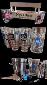 lot 108 image: Assorted Barware Collection Featuring New Glarus Wooden Crate & Miller High Life Glasses