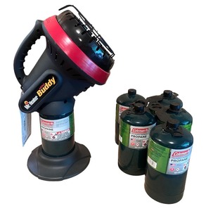 lot 132 image: Mr. Heater Little Buddy Portable Propane Heater with 4 Propane Canisters